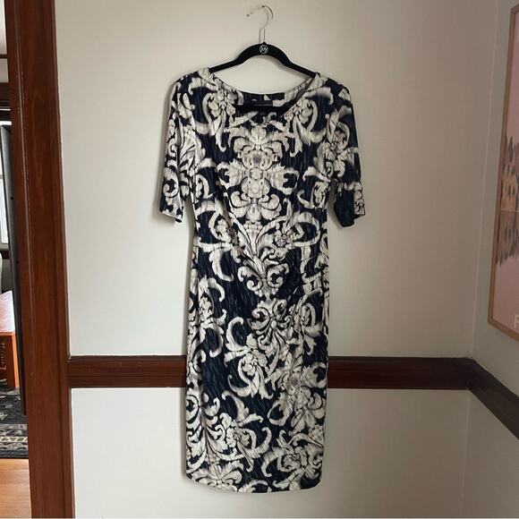Connected Apparel Black and White Sheath Dress 3/4 Sleeve Crew Neck - Picture 1 of 8
